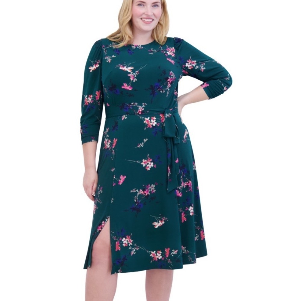 Jessica Howard Floral Jersey Dress Women 20W NWT Green Tie Waist Midi MSRP $119